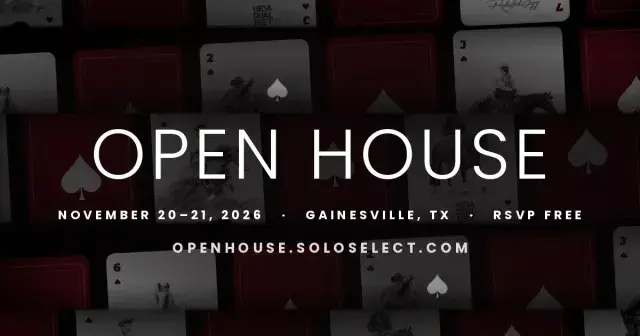 A dark promotional graphic with playing cards featuring horse-and-rider images and spade suits in the background, overlaid with white text reading "OPEN HOUSE" and event details including a date, location, and website URL.