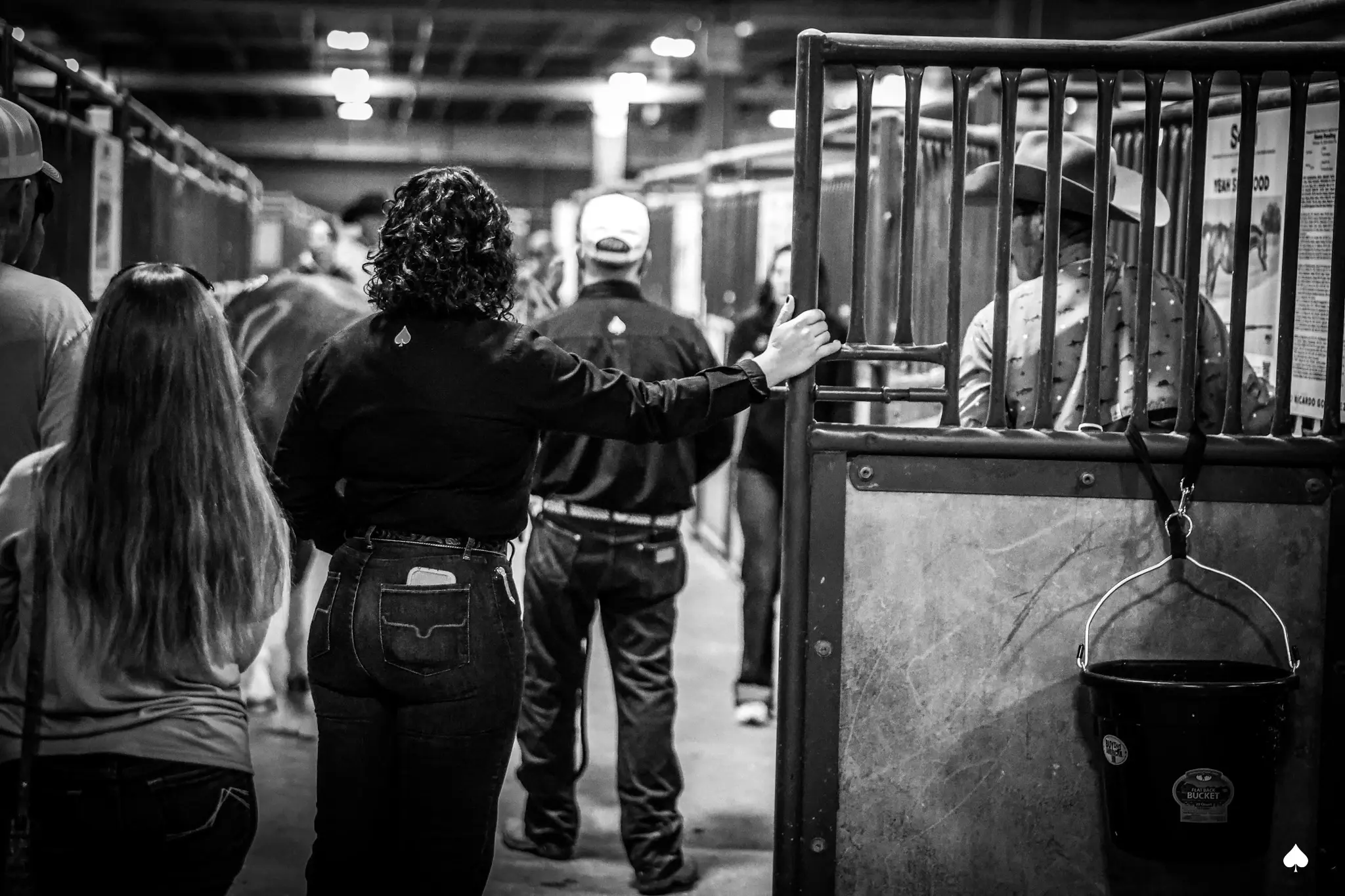 Black-and-white photo of several people standing in an indoor stable aisle near barred stall fronts, with a woman in a dark shirt and jeans resting her hand on the metal bars and a black feed bucket hanging on the stall at right.