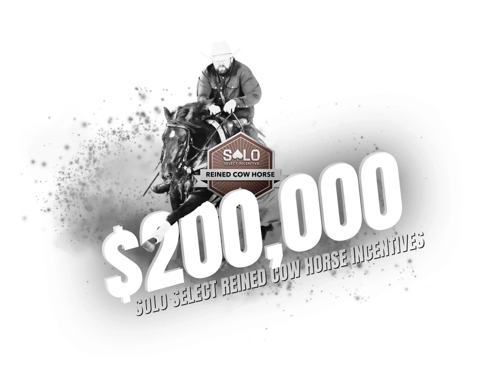 A black-and-white promotional graphic shows a rider in a light cowboy hat and jacket mounted on a dark horse performing a sliding stop, overlaid with logo and large text.