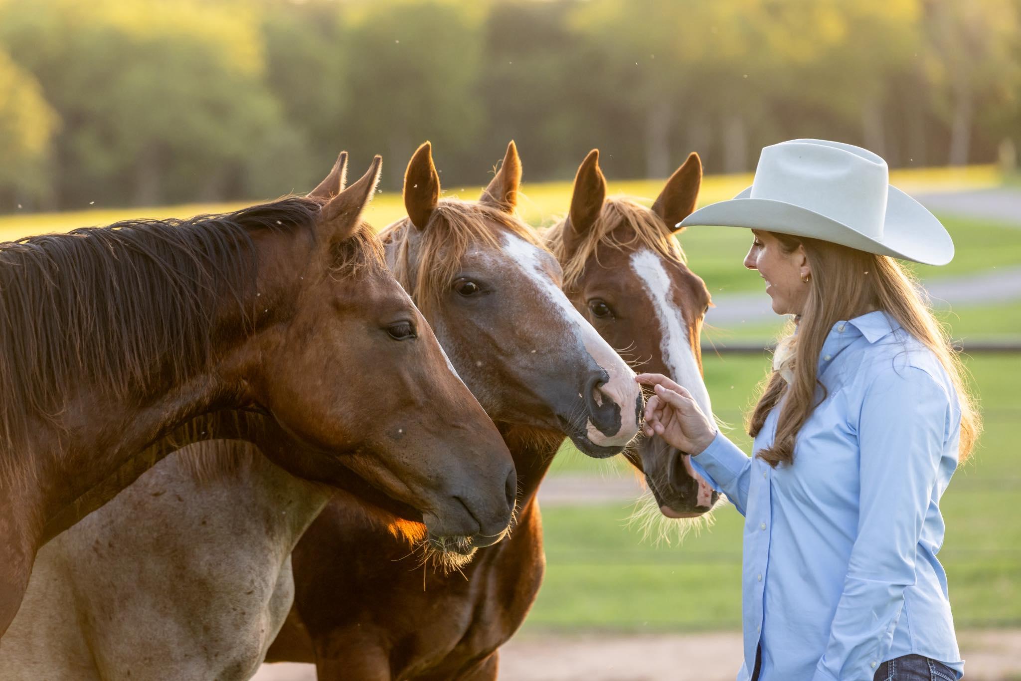 Melanie Smith greeting three horses in a pasture at golden hour