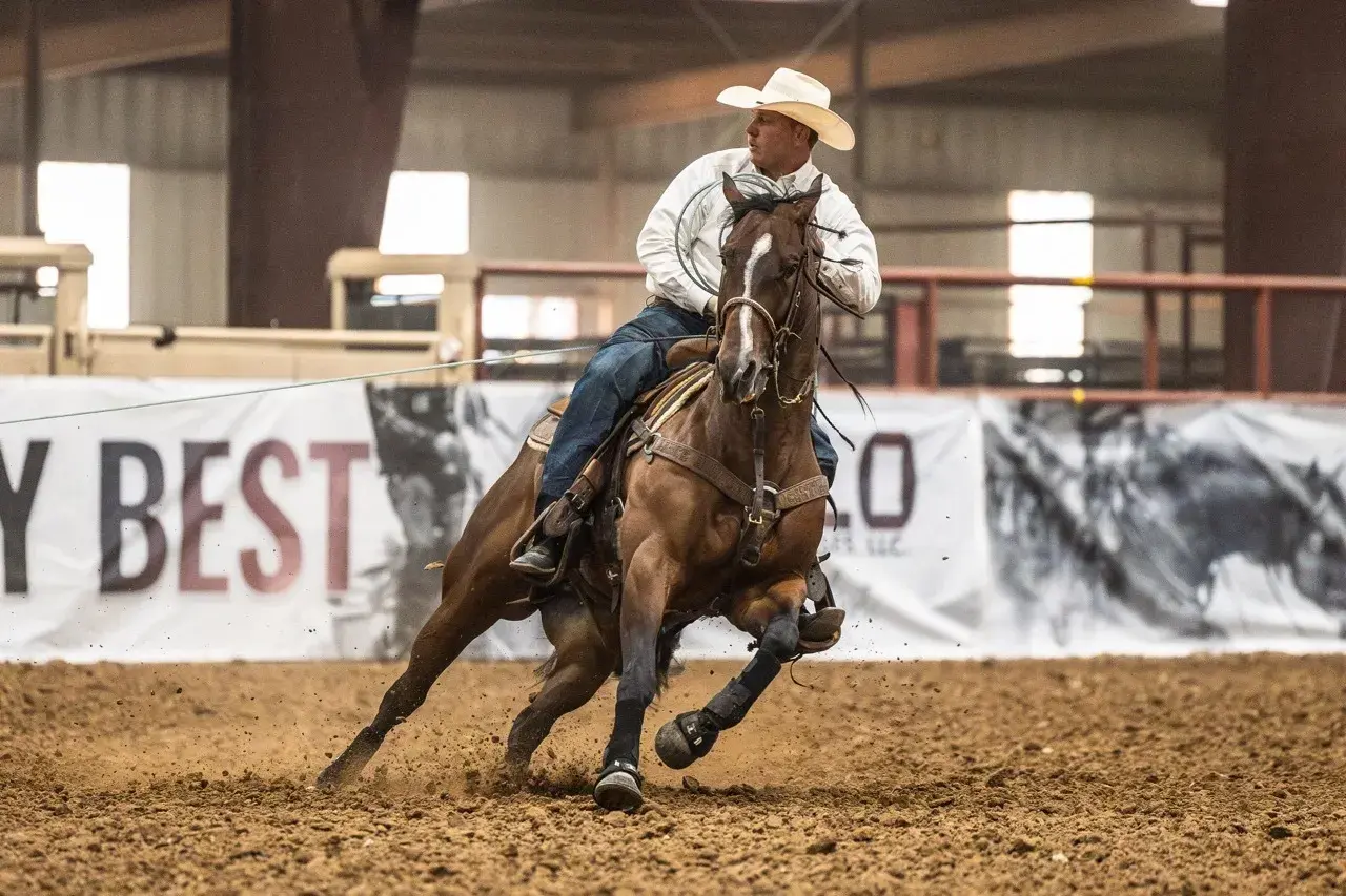 A header in a white shirt drives a bay rope horse through a run past a Solo 'The Very Best' arena banner.