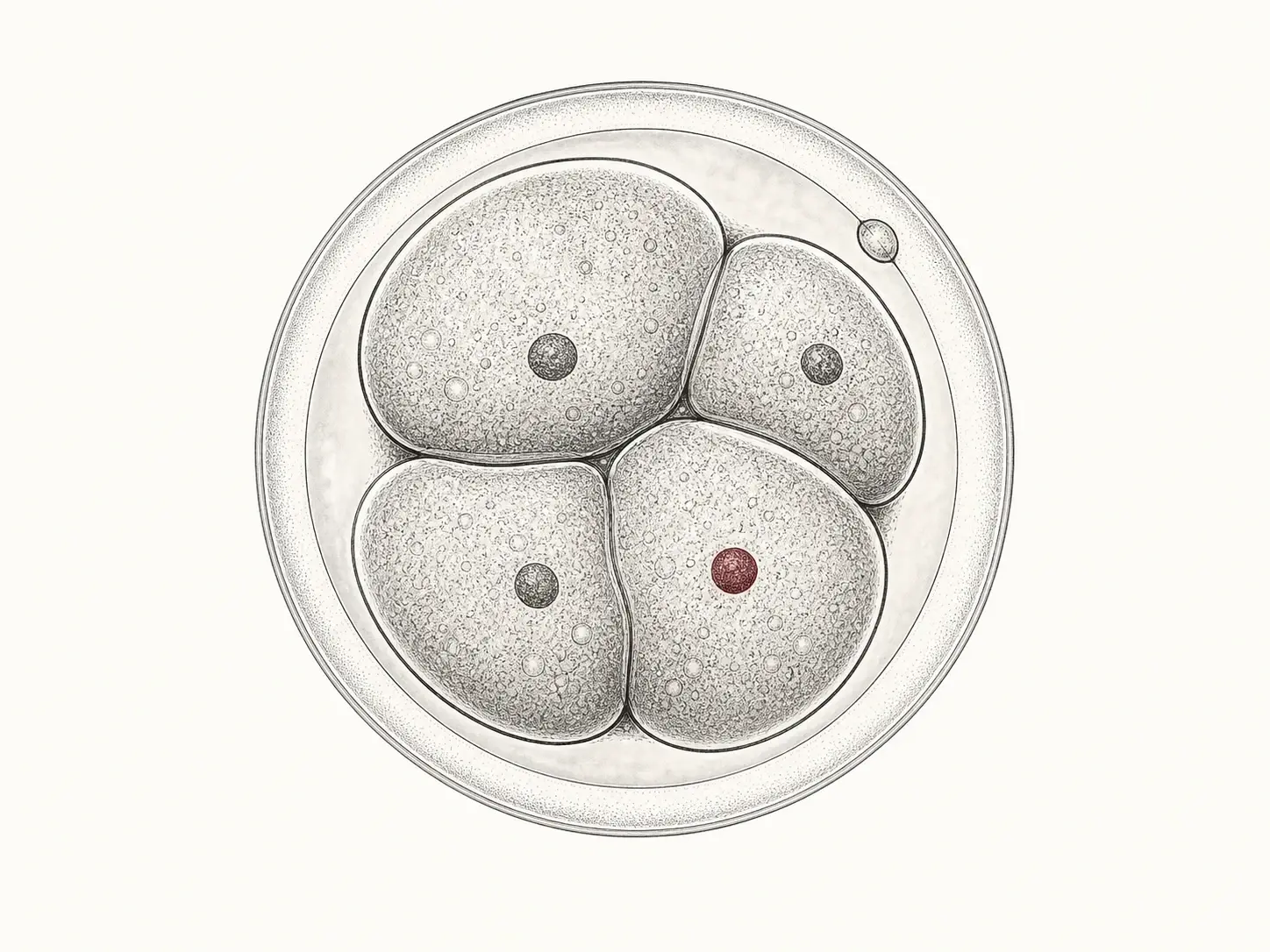 Scientific illustration of an early four-cell equine embryo