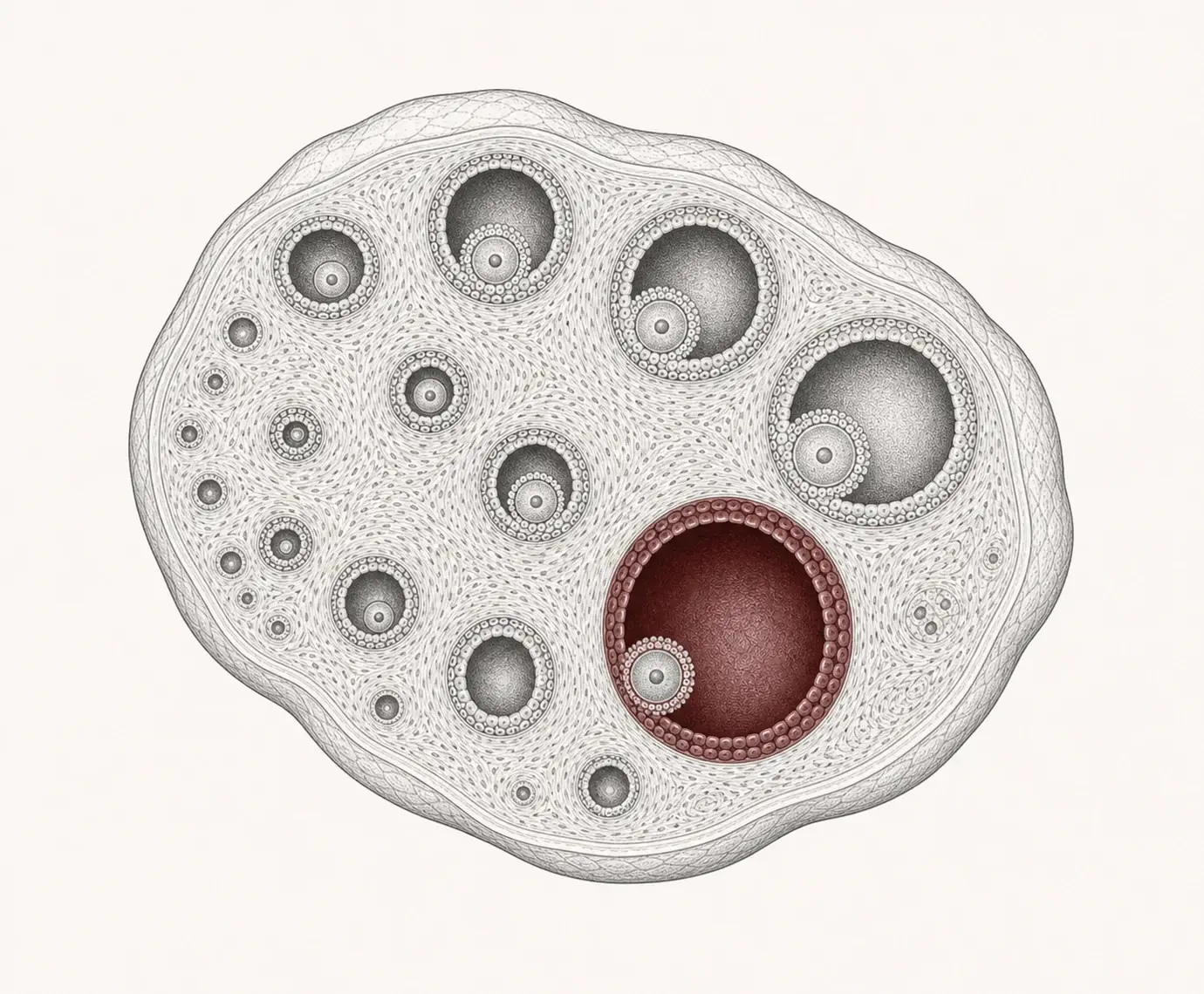 Scientific cross-section of an equine ovary showing oocytes within follicles