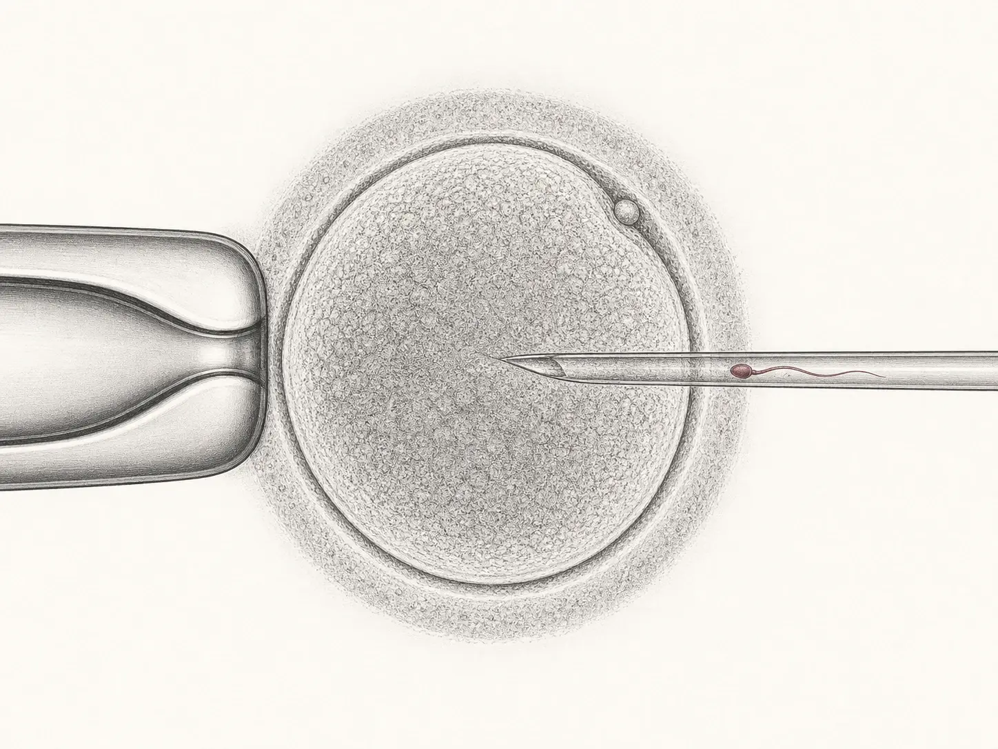 Scientific illustration of one sperm cell being injected into a mature equine oocyte