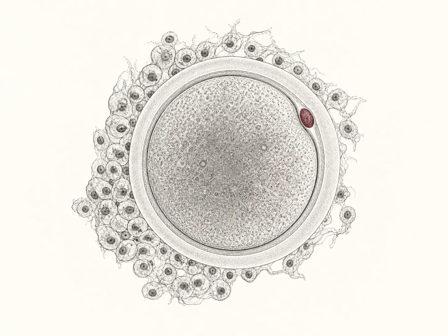 Scientific illustration of a mature equine oocyte surrounded by cumulus cells