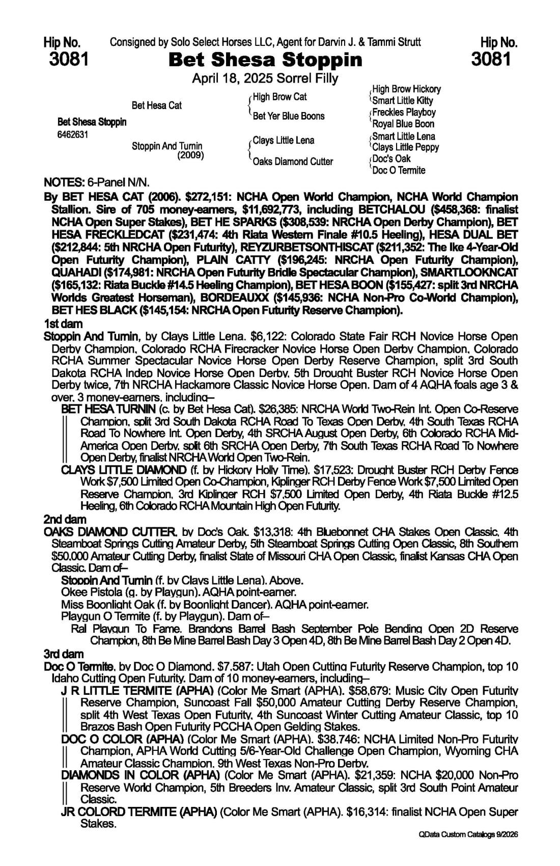 Bet Shesa Stoppin — 2026 NRCHA Snaffle Bit Futurity Sale catalog black type (stakes and pedigree record)
