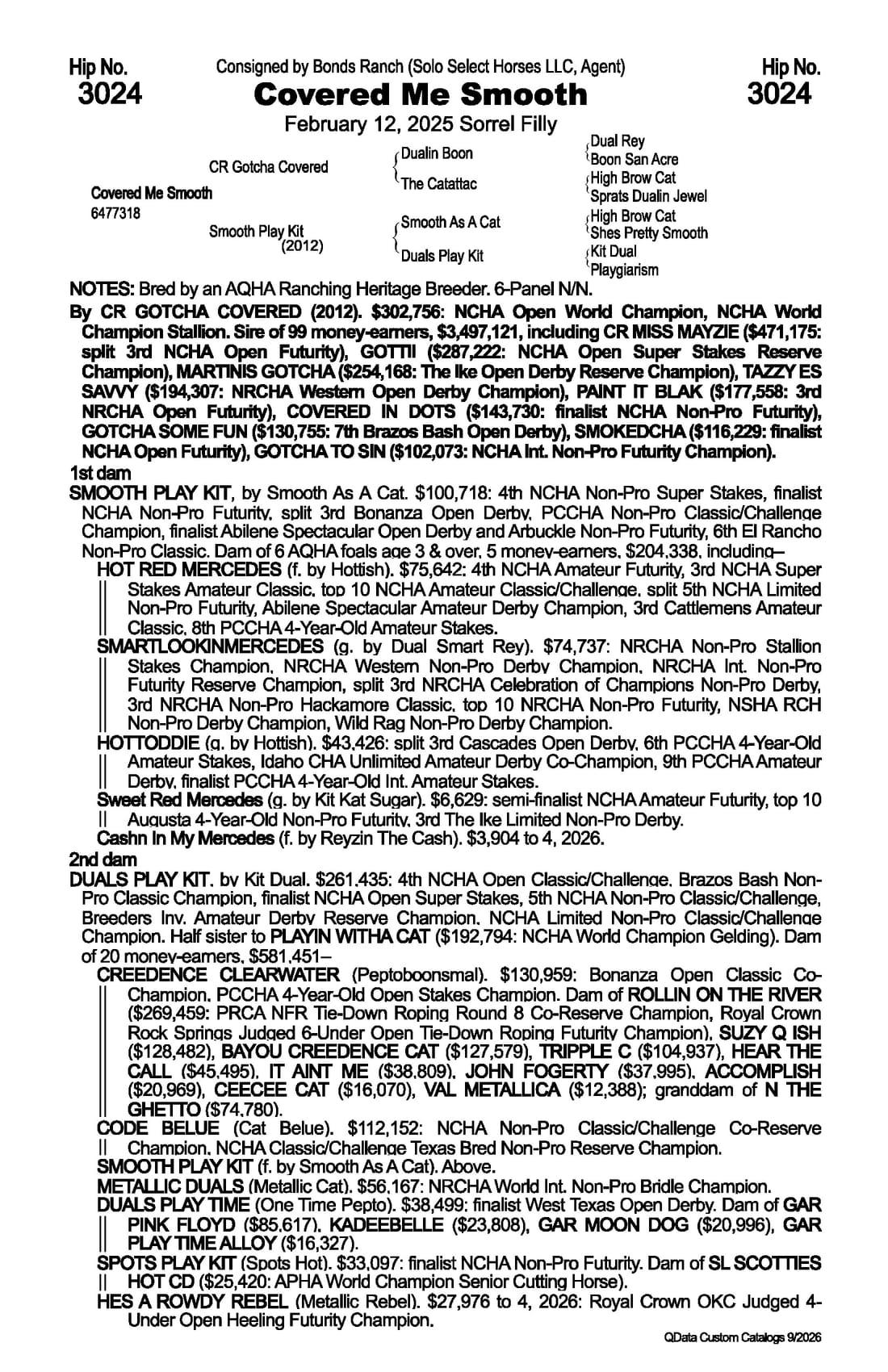Covered Me Smooth — 2026 NRCHA Snaffle Bit Futurity Sale catalog black type (stakes and pedigree record)