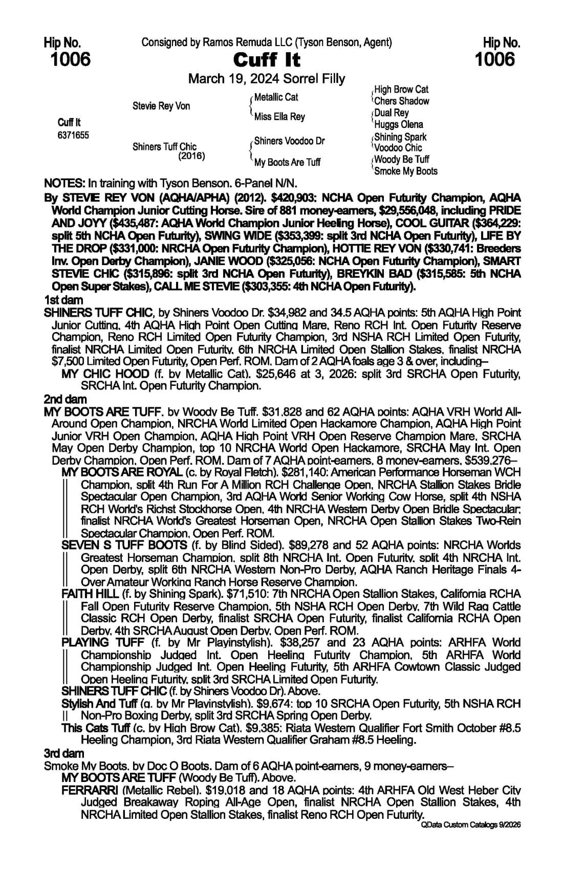 Cuff It — 2026 NRCHA Snaffle Bit Futurity Sale catalog black type (stakes and pedigree record)