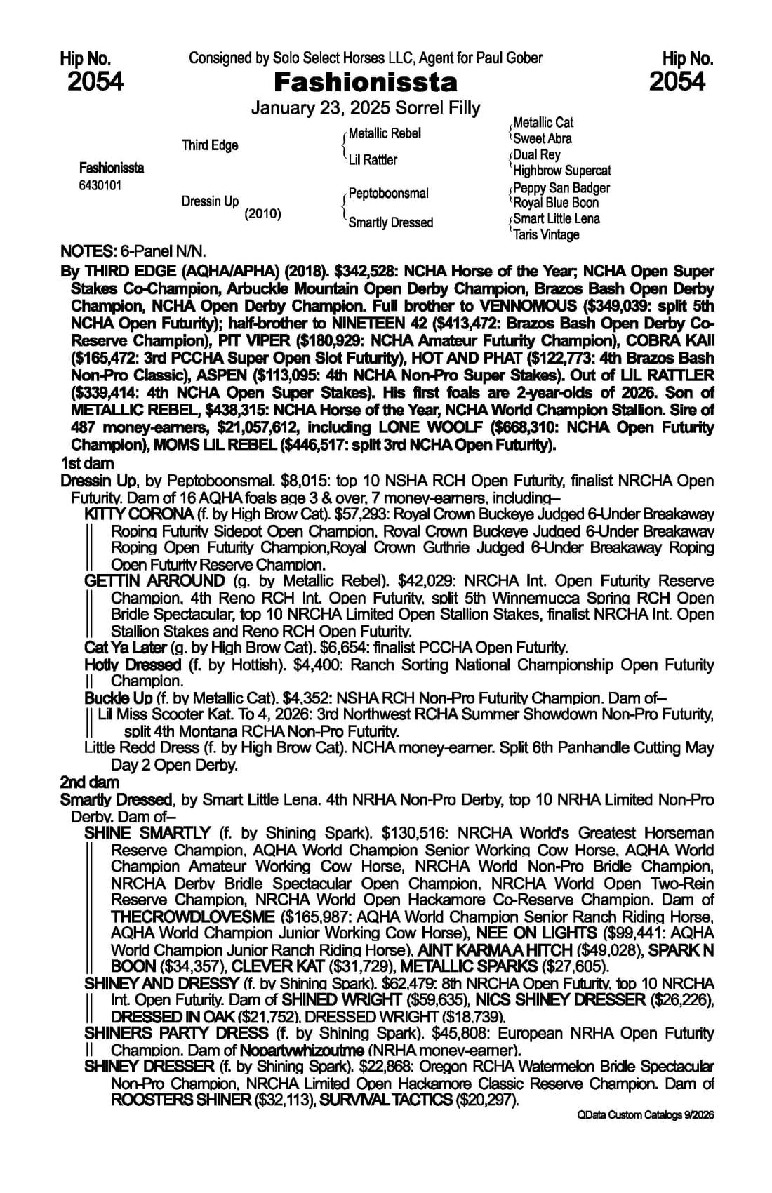 Fashionissta — 2026 NRCHA Snaffle Bit Futurity Sale catalog black type (stakes and pedigree record)