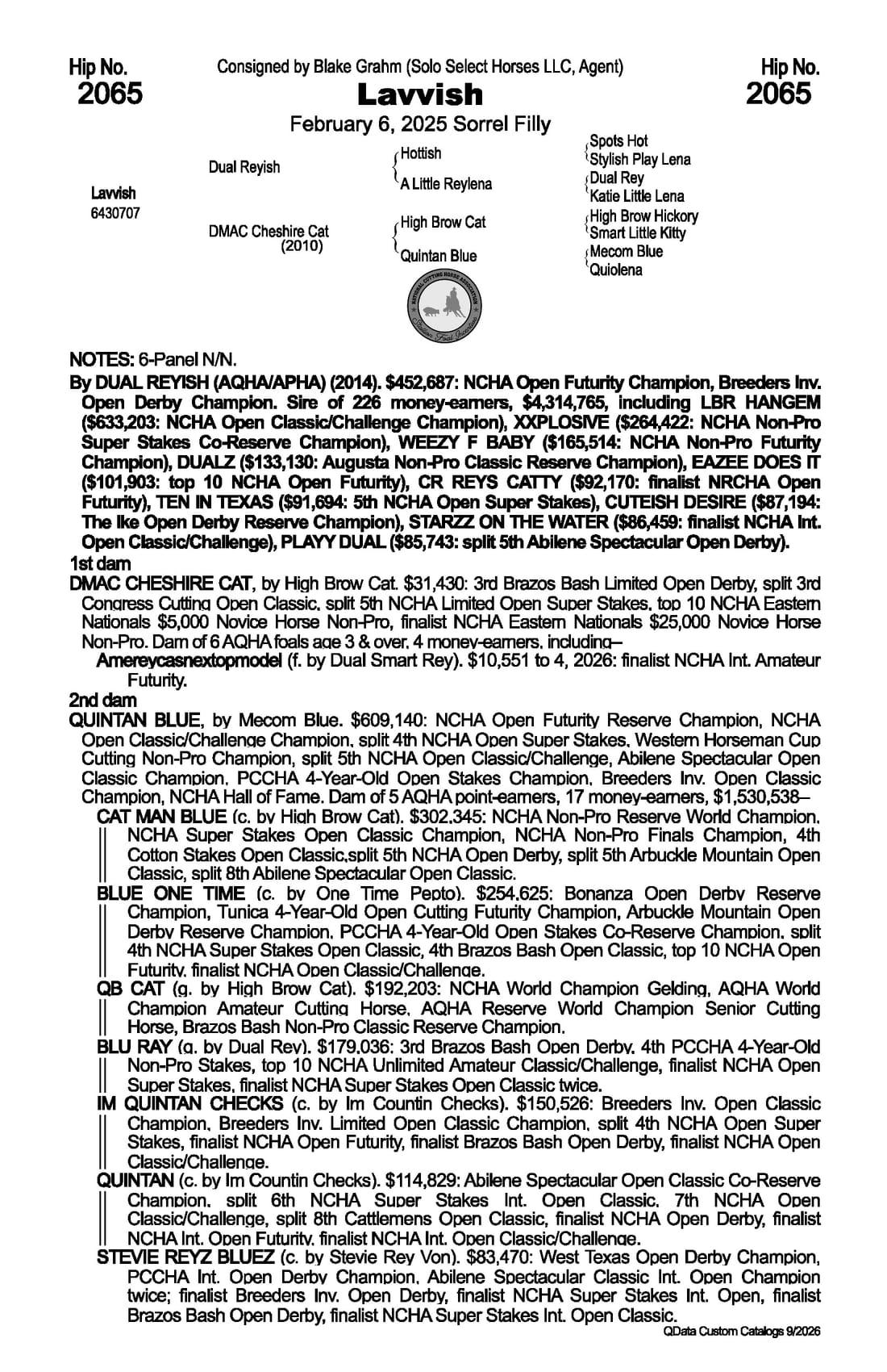 Lavvish — 2026 NRCHA Snaffle Bit Futurity Sale catalog black type (stakes and pedigree record)