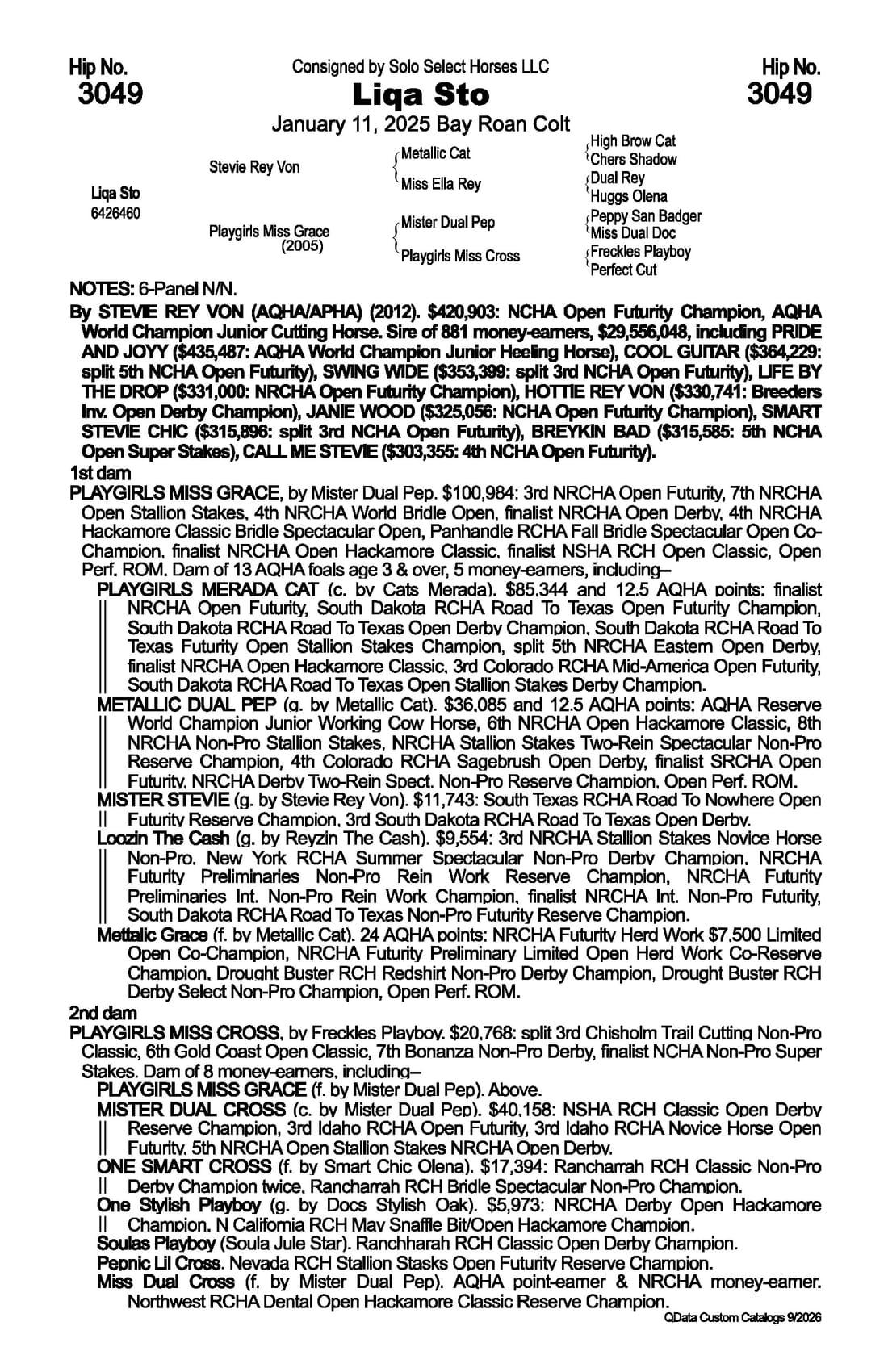 Liqa Sto — 2026 NRCHA Snaffle Bit Futurity Sale catalog black type (stakes and pedigree record)