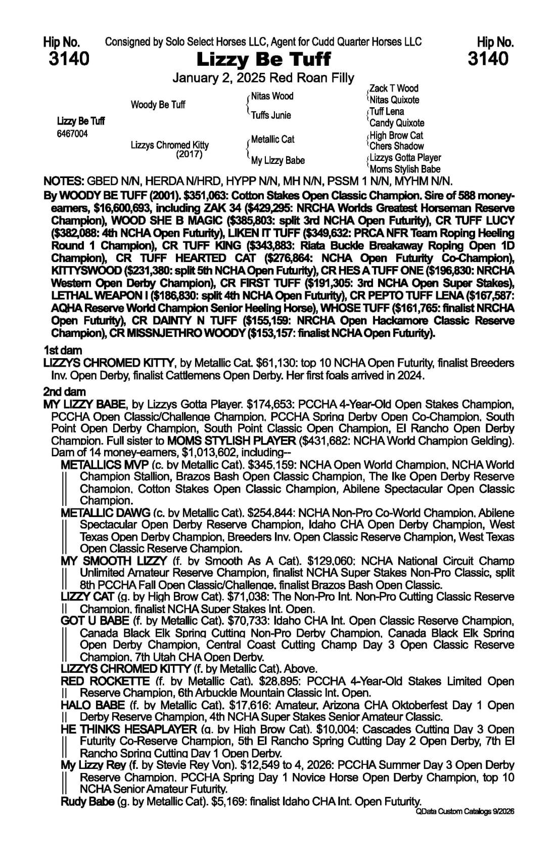 Lizzy Be Tuff — 2026 NRCHA Snaffle Bit Futurity Sale catalog black type (stakes and pedigree record)
