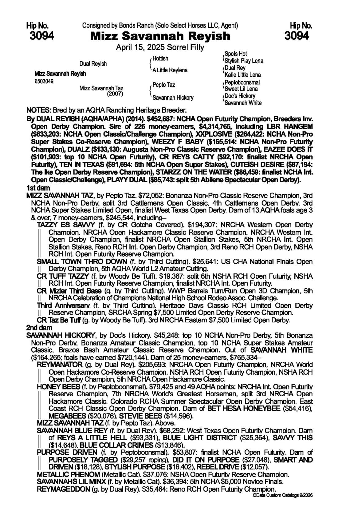 Mizz Savannah Reyish — 2026 NRCHA Snaffle Bit Futurity Sale catalog black type (stakes and pedigree record)