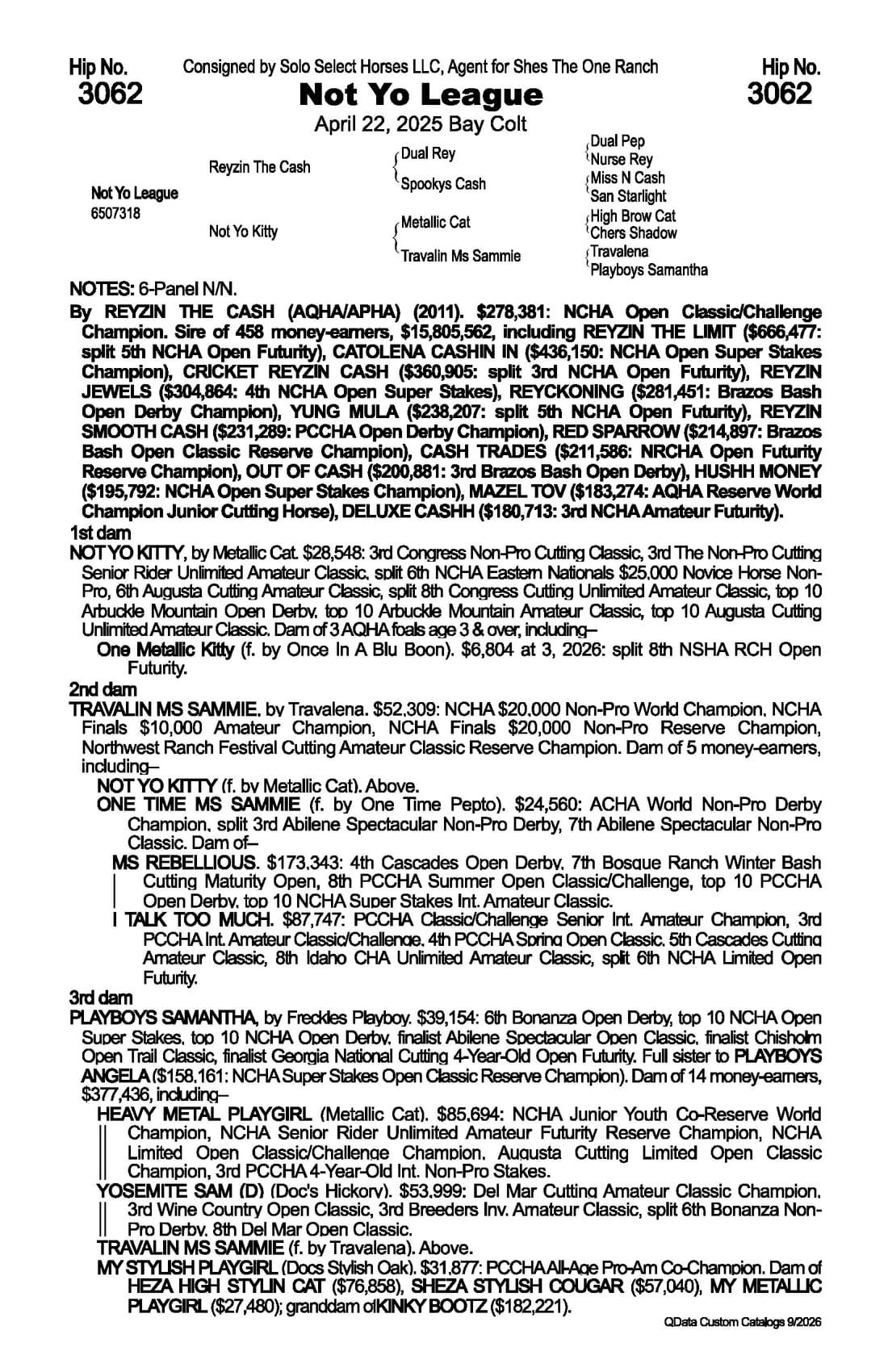 Not Yo League — 2026 NRCHA Snaffle Bit Futurity Sale catalog black type (stakes and pedigree record)