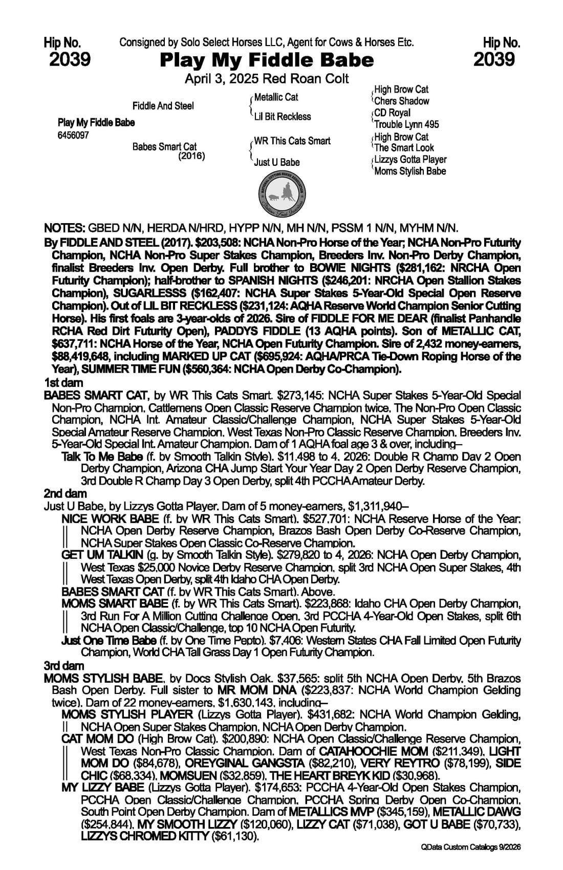 Play My Fiddle Babe — 2026 NRCHA Snaffle Bit Futurity Sale catalog black type (stakes and pedigree record)