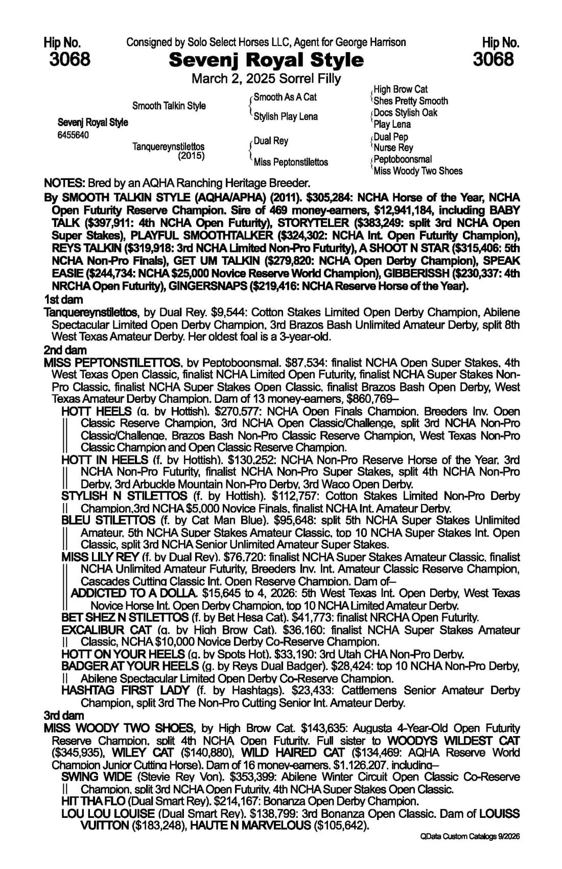 SevenJ Royal Style — 2026 NRCHA Snaffle Bit Futurity Sale catalog black type (stakes and pedigree record)