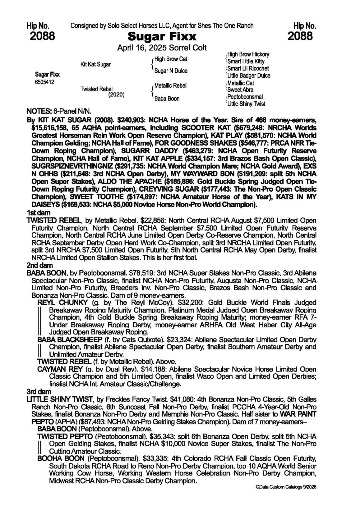 Sugar Fixx — 2026 NRCHA Snaffle Bit Futurity Sale catalog black type (stakes and pedigree record)
