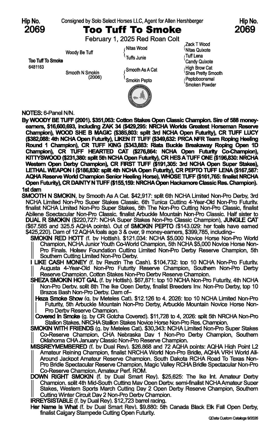 Too Tuff To Smoke — 2026 NRCHA Snaffle Bit Futurity Sale catalog black type (stakes and pedigree record)