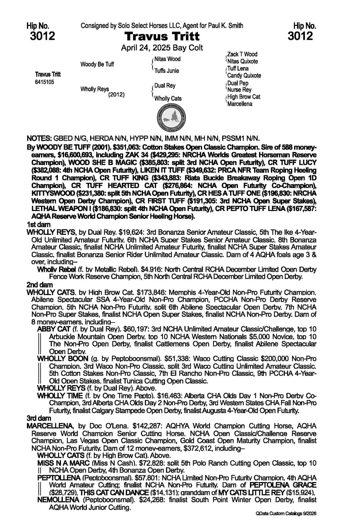 Travus Tritt — 2026 NRCHA Snaffle Bit Futurity Sale catalog black type (stakes and pedigree record)