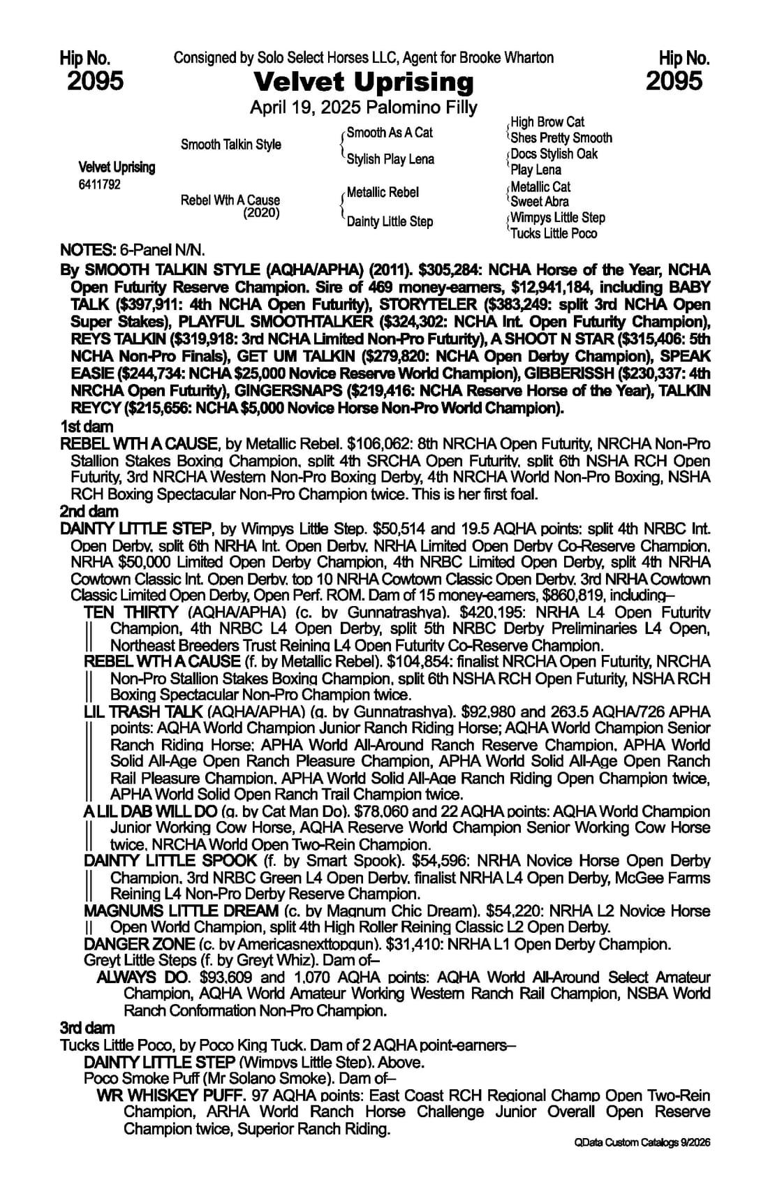 Velvet Uprising — 2026 NRCHA Snaffle Bit Futurity Sale catalog black type (stakes and pedigree record)
