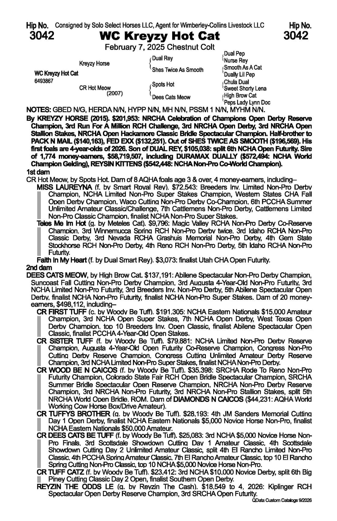 WC Kreyzy Hot Cat — 2026 NRCHA Snaffle Bit Futurity Sale catalog black type (stakes and pedigree record)