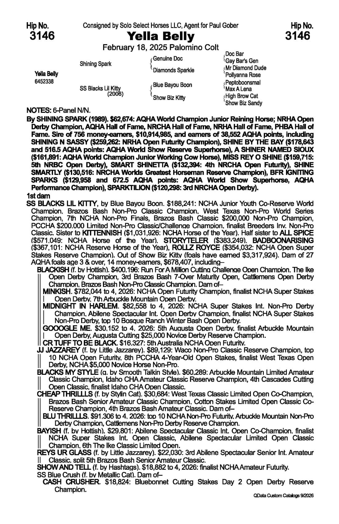 Yella Belly — 2026 NRCHA Snaffle Bit Futurity Sale catalog black type (stakes and pedigree record)