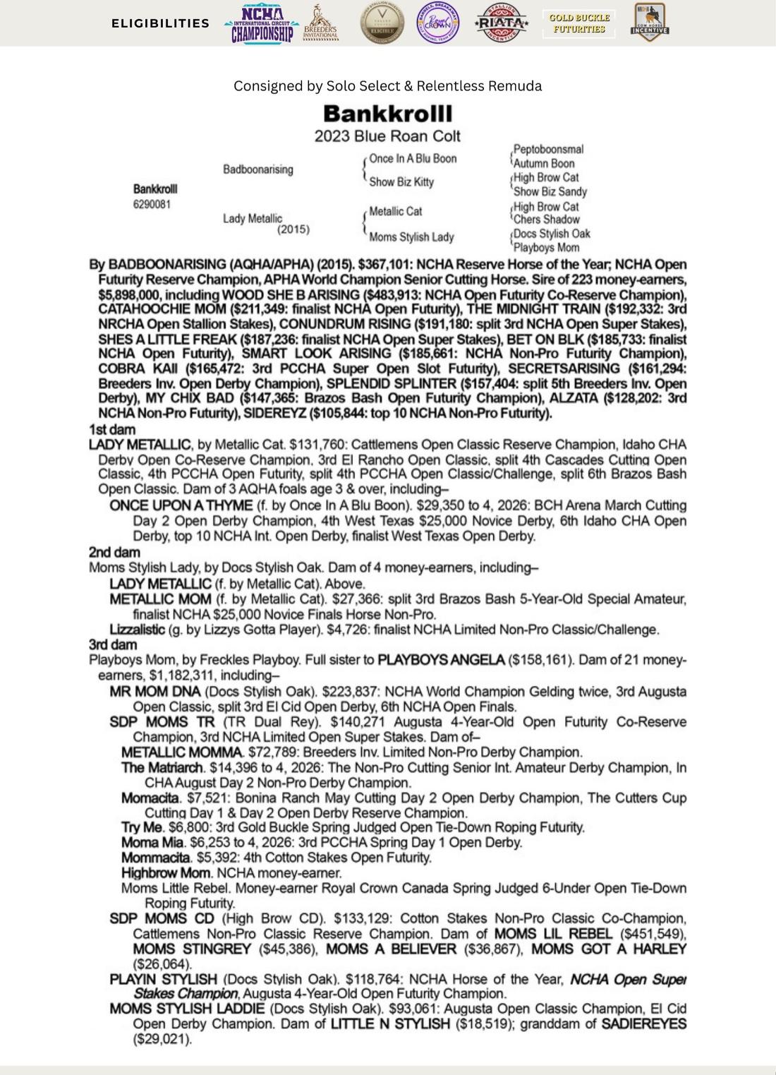 Bankkrolll — 2026 Old West Rope Horse Sale catalog black type (stakes and pedigree record)