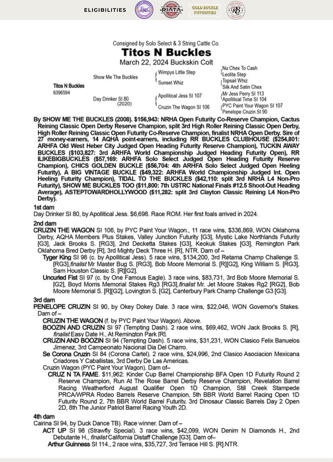 Titos N Buckles — 2026 Old West Rope Horse Sale catalog black type (stakes and pedigree record)