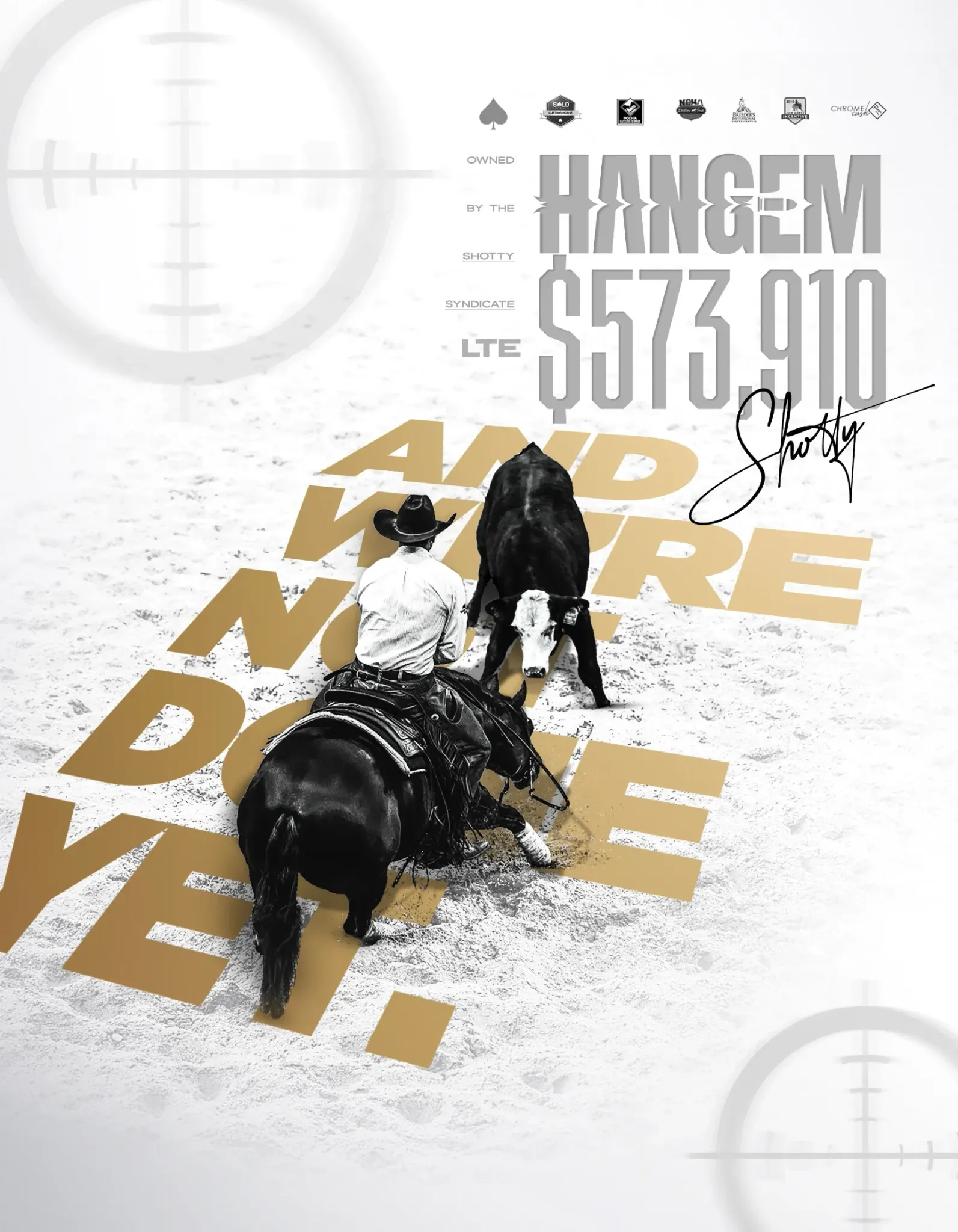 A rider in a dark cowboy hat and light shirt sits on a black horse working a black cow with a white face in a dirt arena, shown from behind with graphic text overlays.