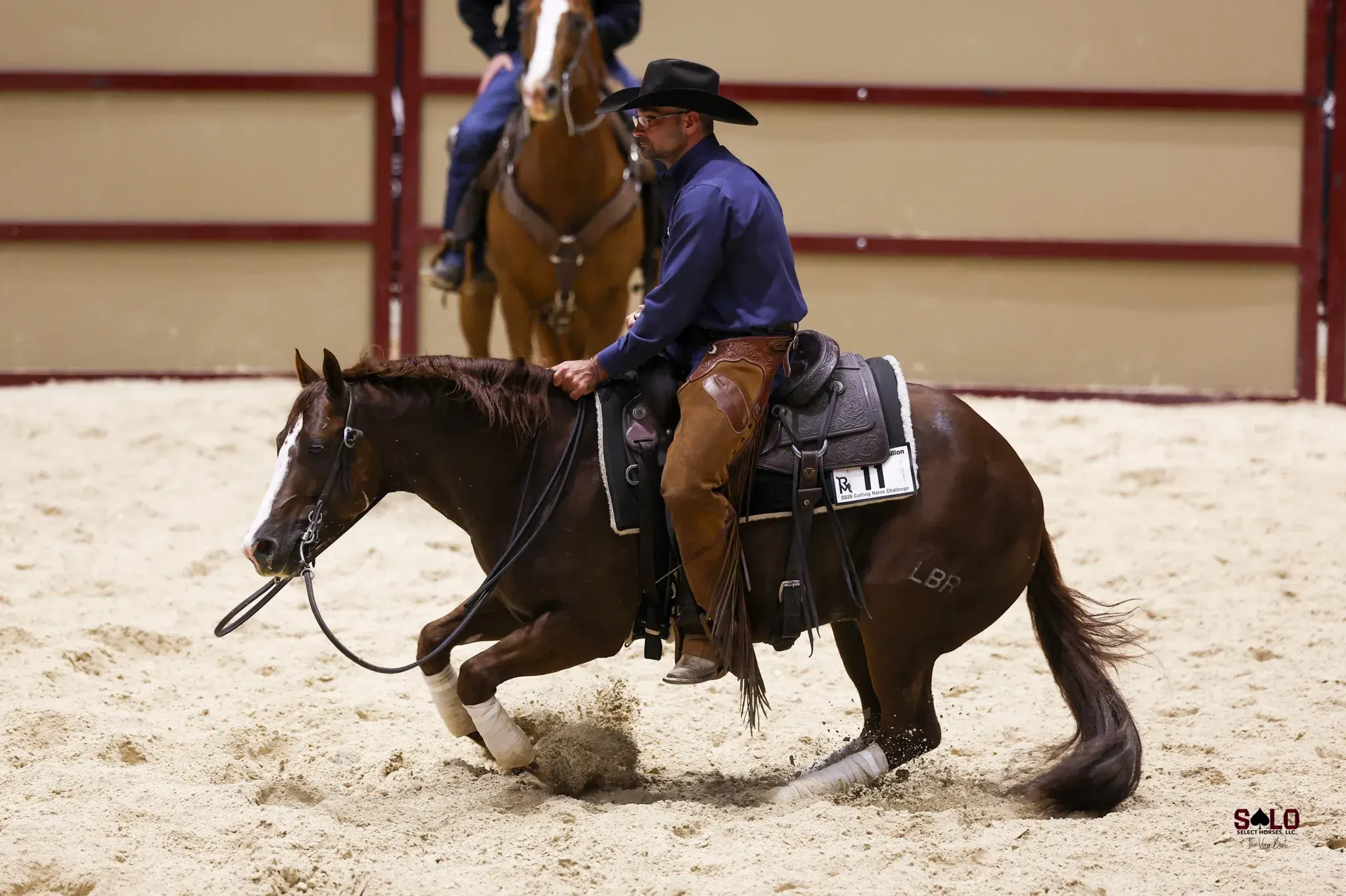 A rider in a black cowboy hat, blue shirt, and brown chaps performs a sliding stop on a sorrel horse with a blaze and white leg markings in an indoor arena, with a second horse and rider visible in the background.