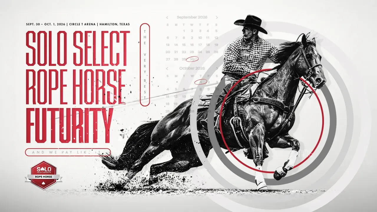A black-and-white promotional graphic shows a rider in a cowboy hat and plaid shirt on a dark horse sliding to a stop, overlaid with red event text, a calendar, and a rope horse logo.