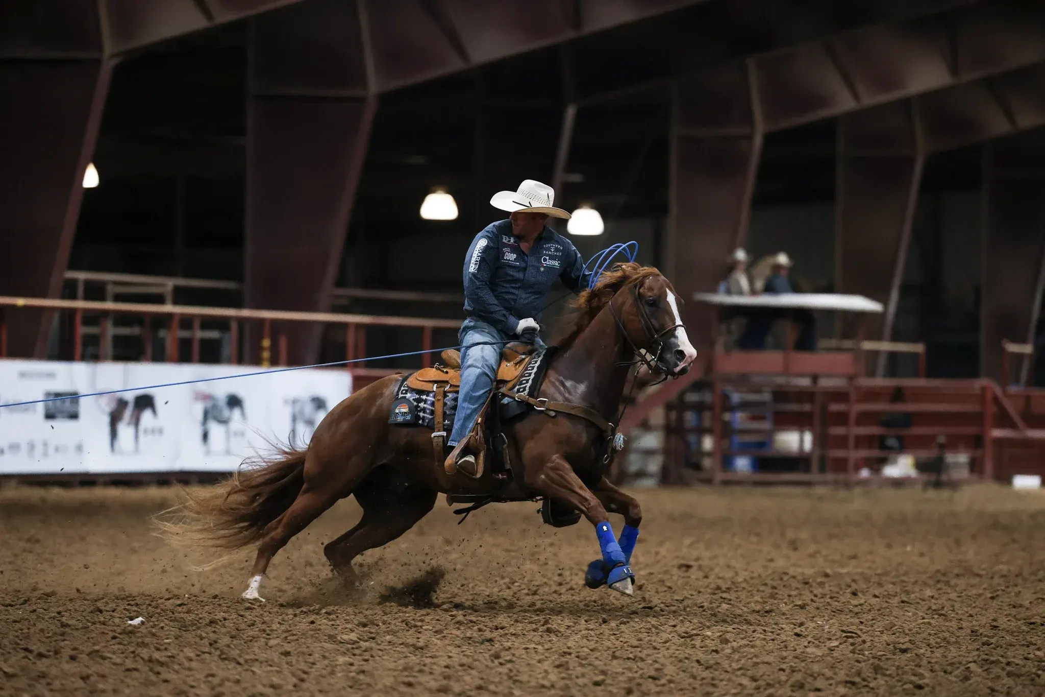 A chestnut horse with a flaxen mane and tail and blue front leg wraps runs across the dirt of an indoor arena while a rider in a white cowboy hat and blue jacket holds a coiled rope.