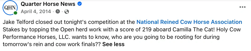 A social media post from a horse news page shows text about a cow horse competition with no horse photograph visible in the frame.