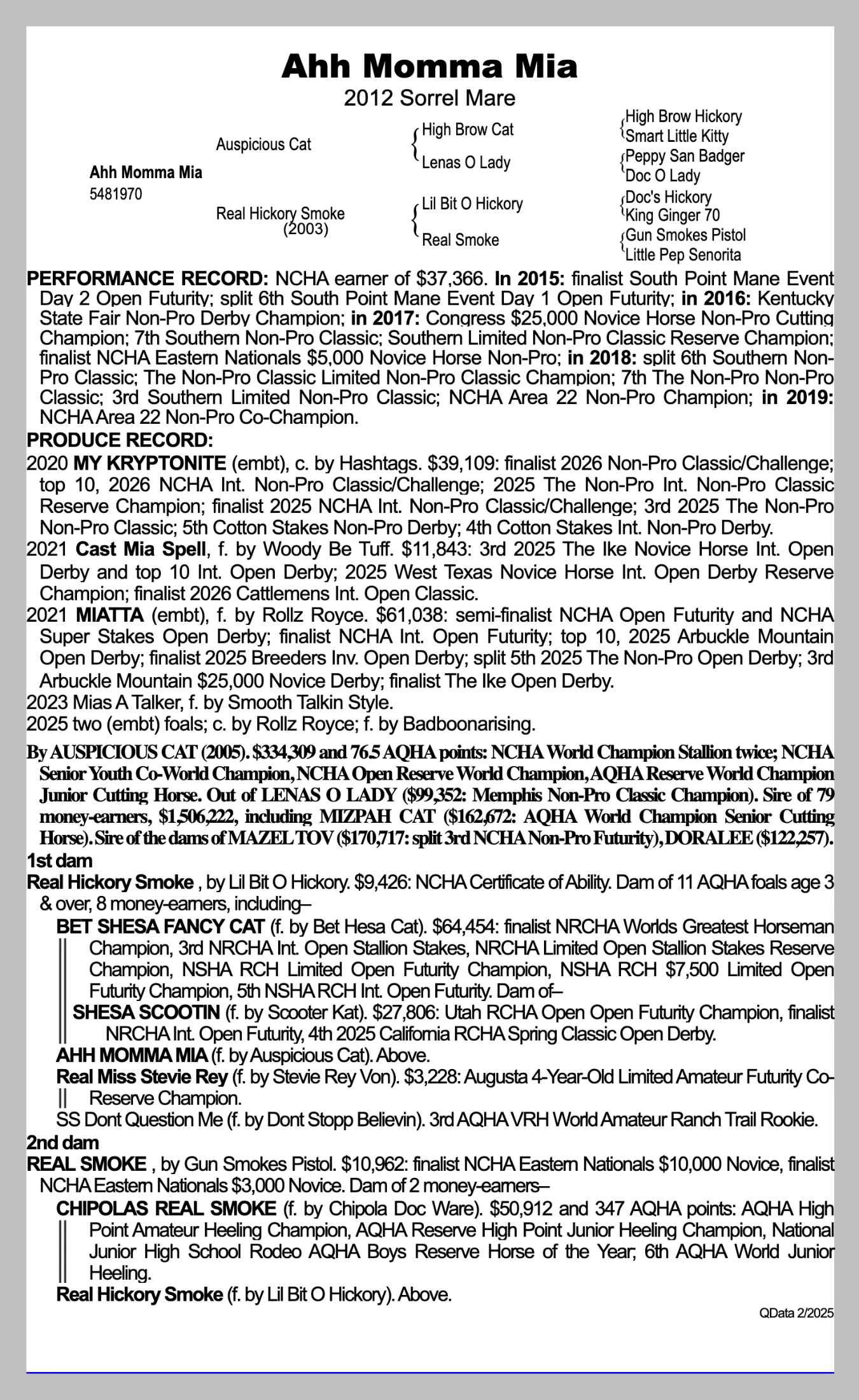 Robin Glenn pedigree and produce record; QData 2/2025; received 2026-10