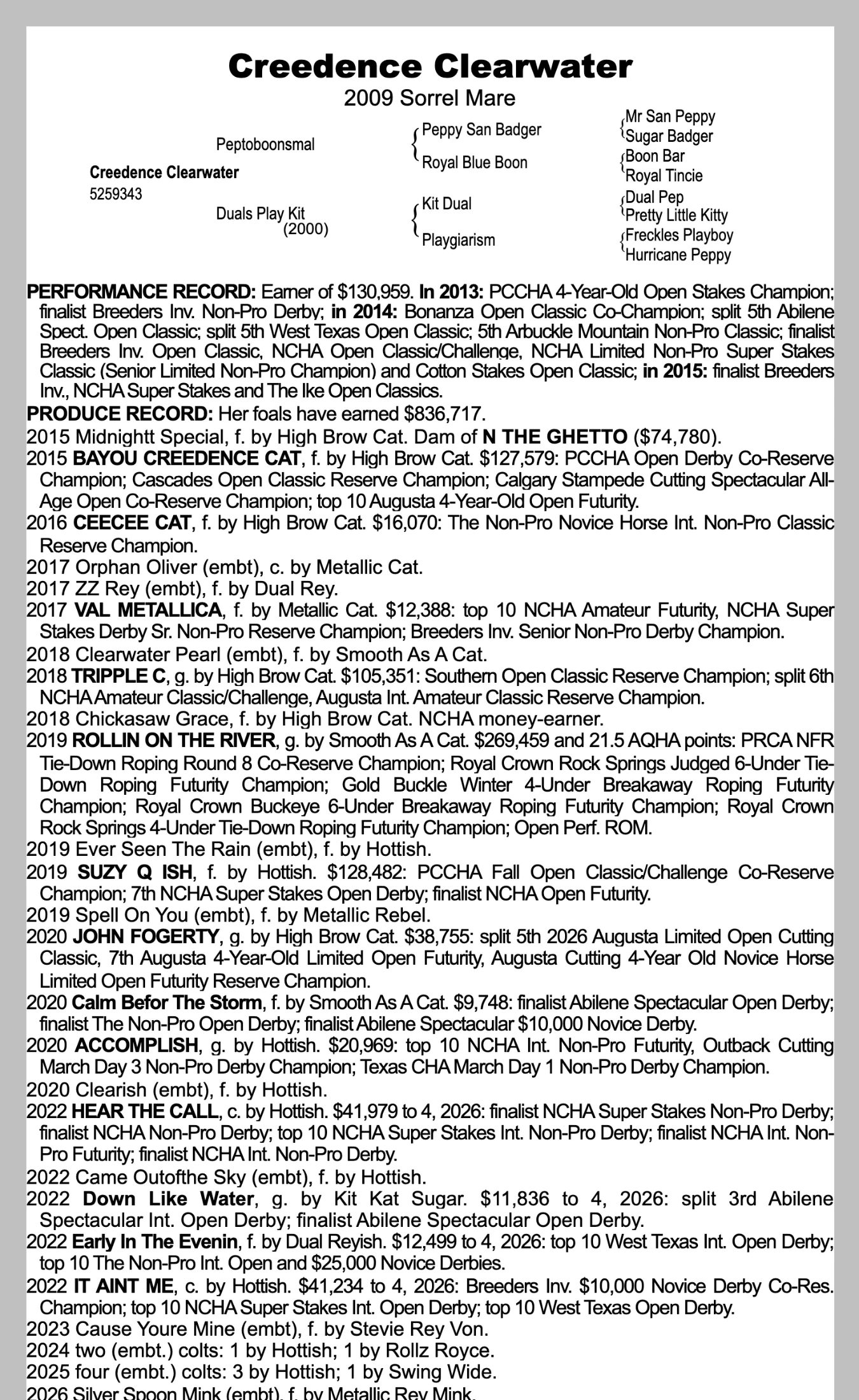 Robin Glenn pedigree and produce record; QData 6/2026; received 2026-10