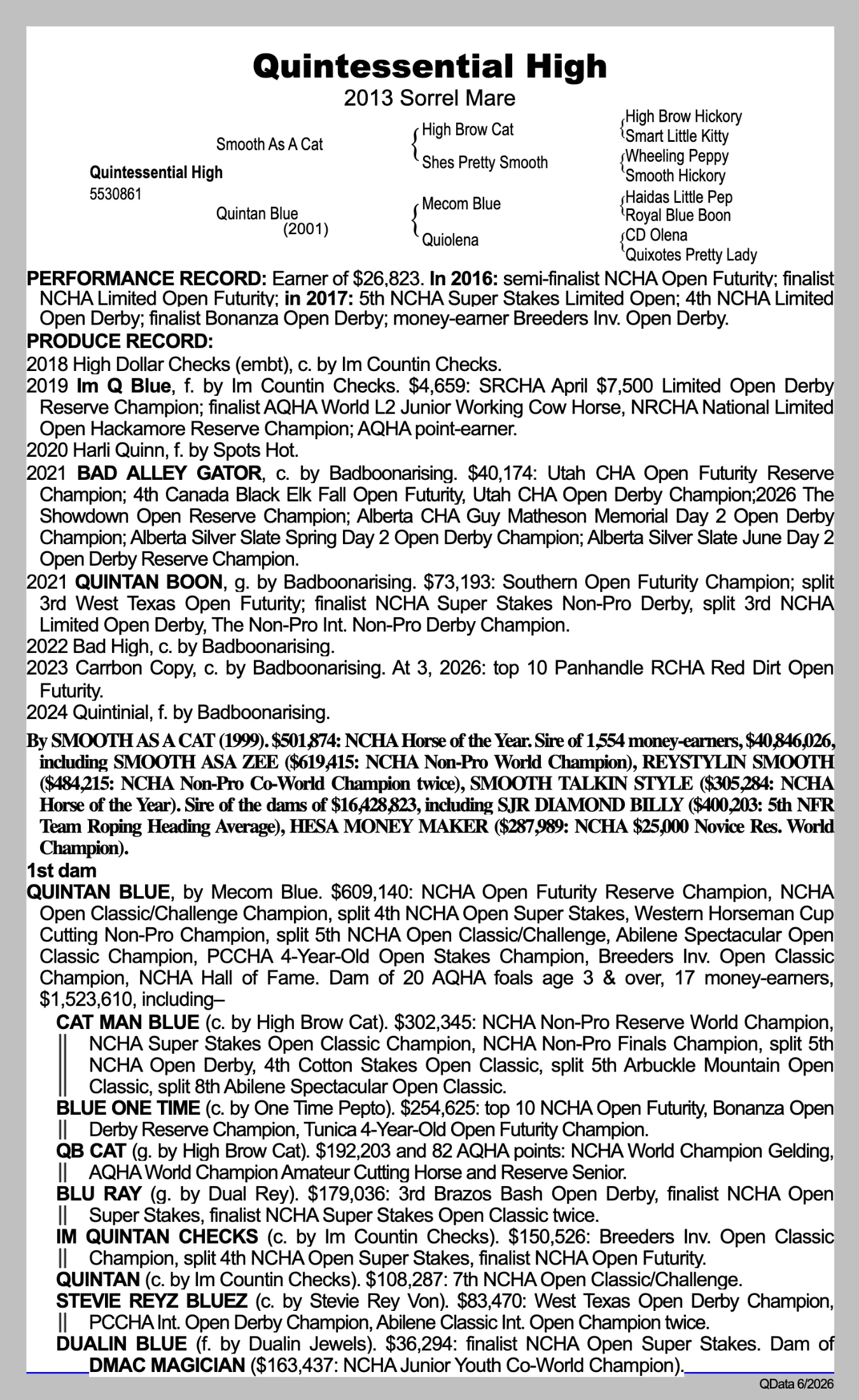 Robin Glenn pedigree and produce record; QData 6/2026; received 2026-10